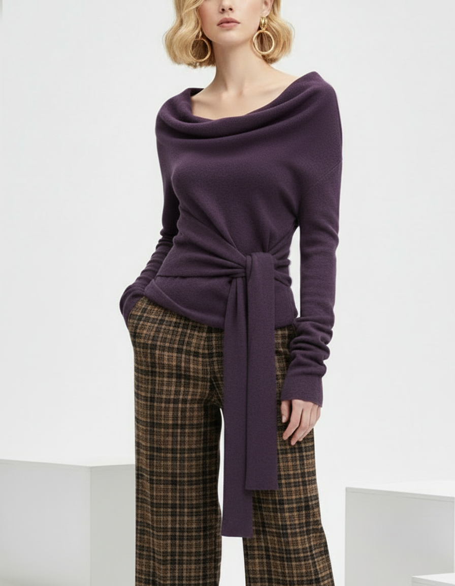 Off-Shoulder Tie-Waist Knit Sweater