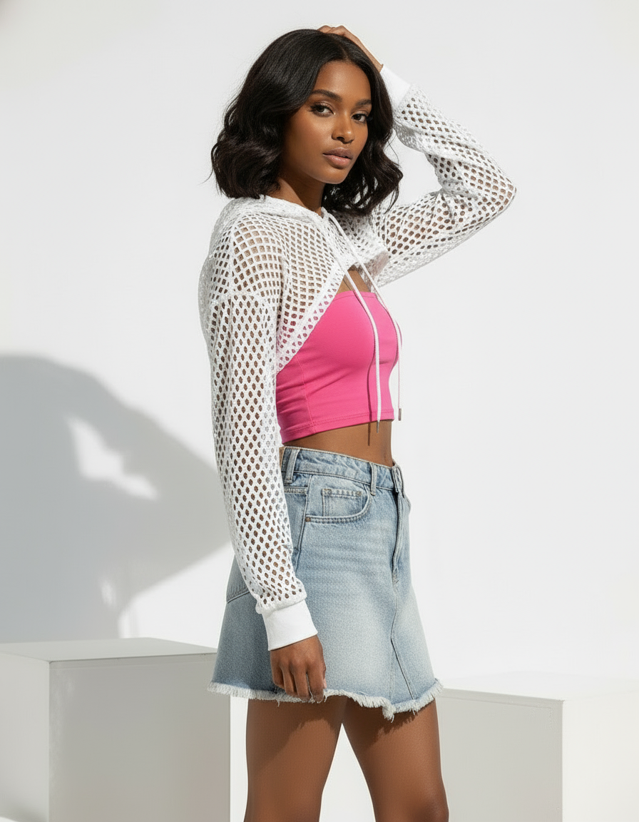 Mesh Cropped Hooded Top