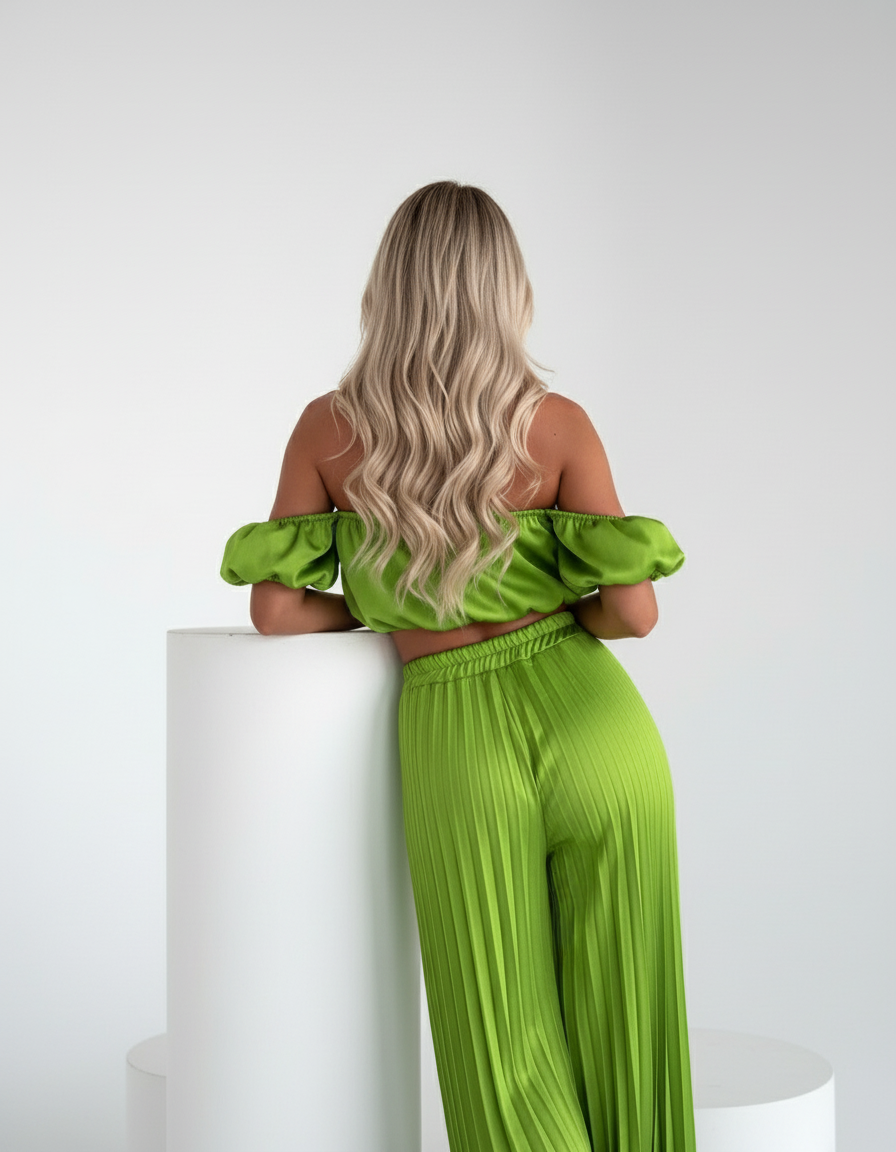 Satin Off-Shoulder Crop Top and Pleated Wide-leg Pants (Two-Piece Set)