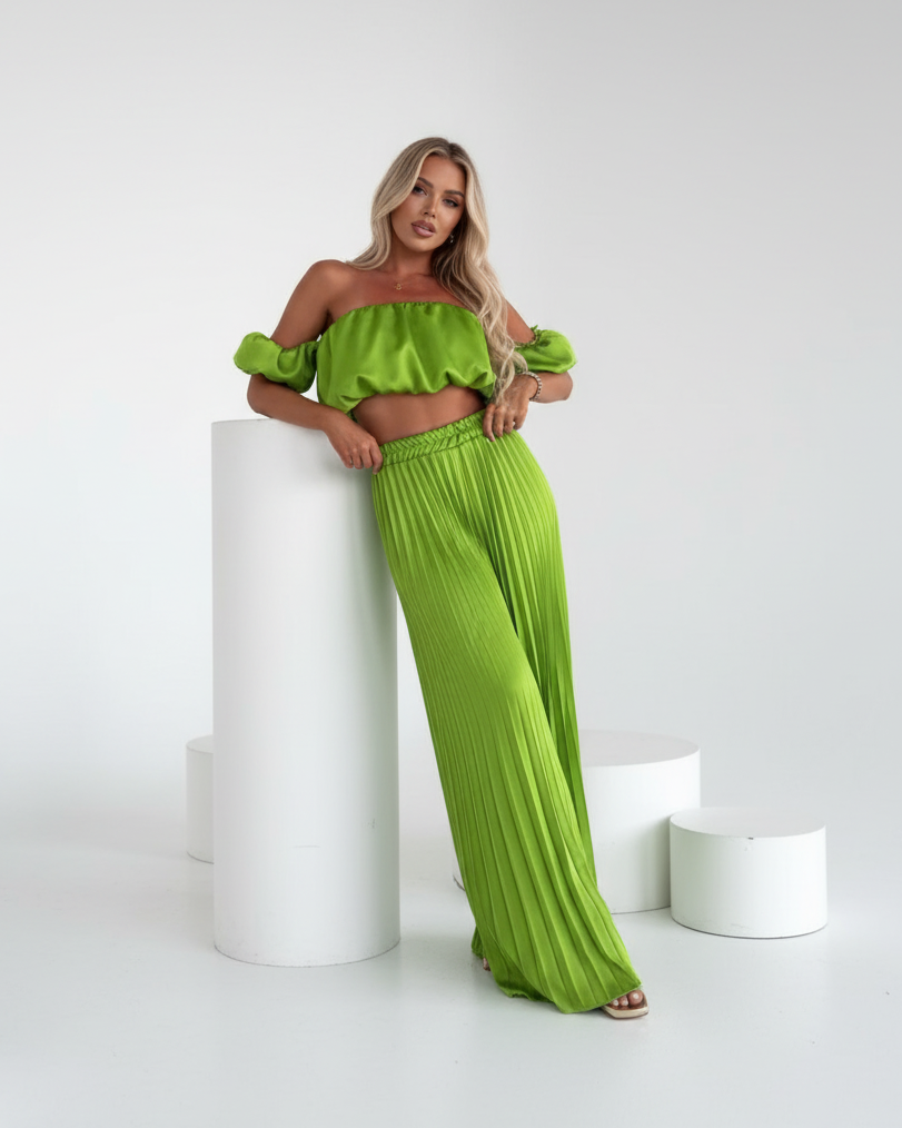 Satin Off-Shoulder Crop Top and Pleated Wide-leg Pants (Two-Piece Set)