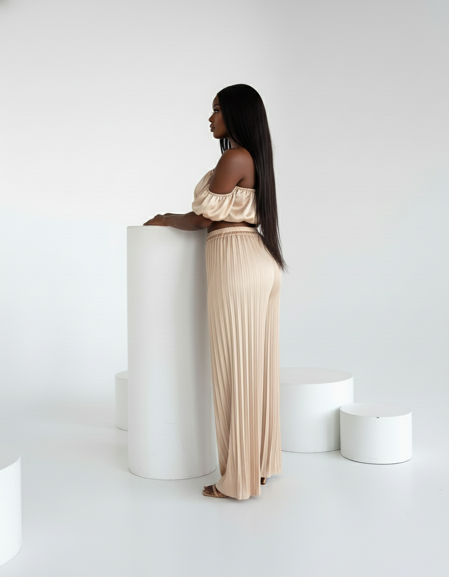 Satin Off-Shoulder Crop Top and Pleated Wide-leg Pants (Two-Piece Set)