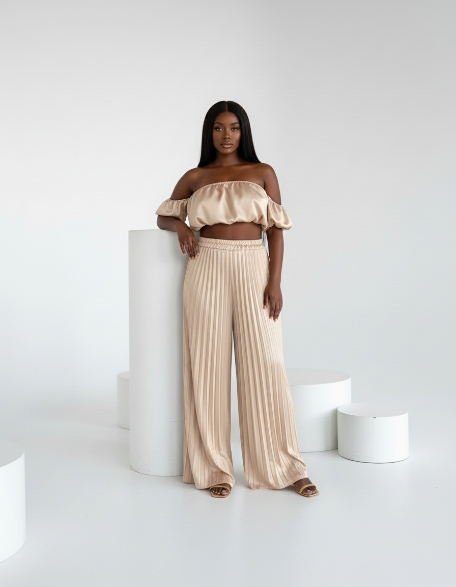 Satin Off-Shoulder Crop Top and Pleated Wide-leg Pants (Two-Piece Set)