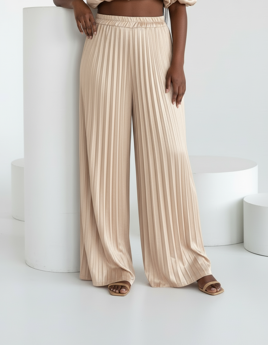 Satin Off-Shoulder Crop Top and Pleated Wide-leg Pants (Two-Piece Set)