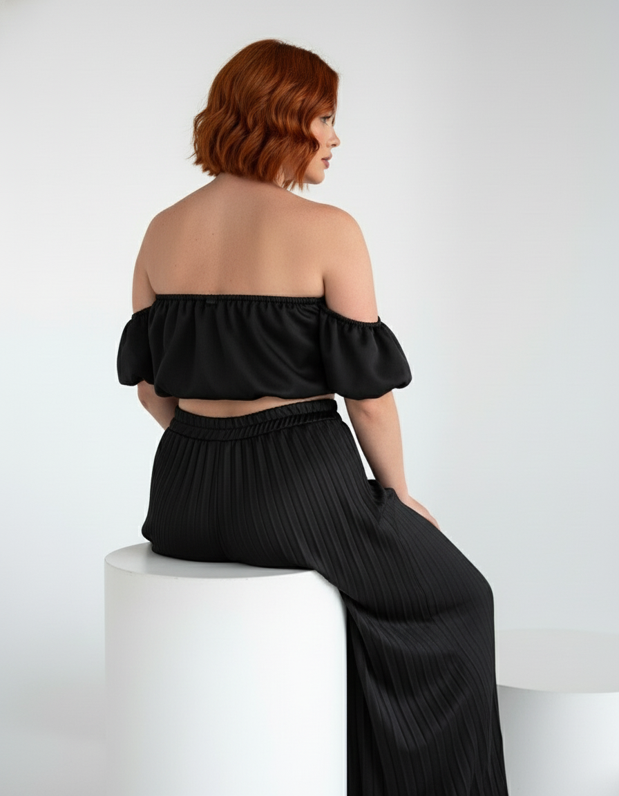 Satin Off-Shoulder Crop Top and Pleated Wide-leg Pants (Two-Piece Set)