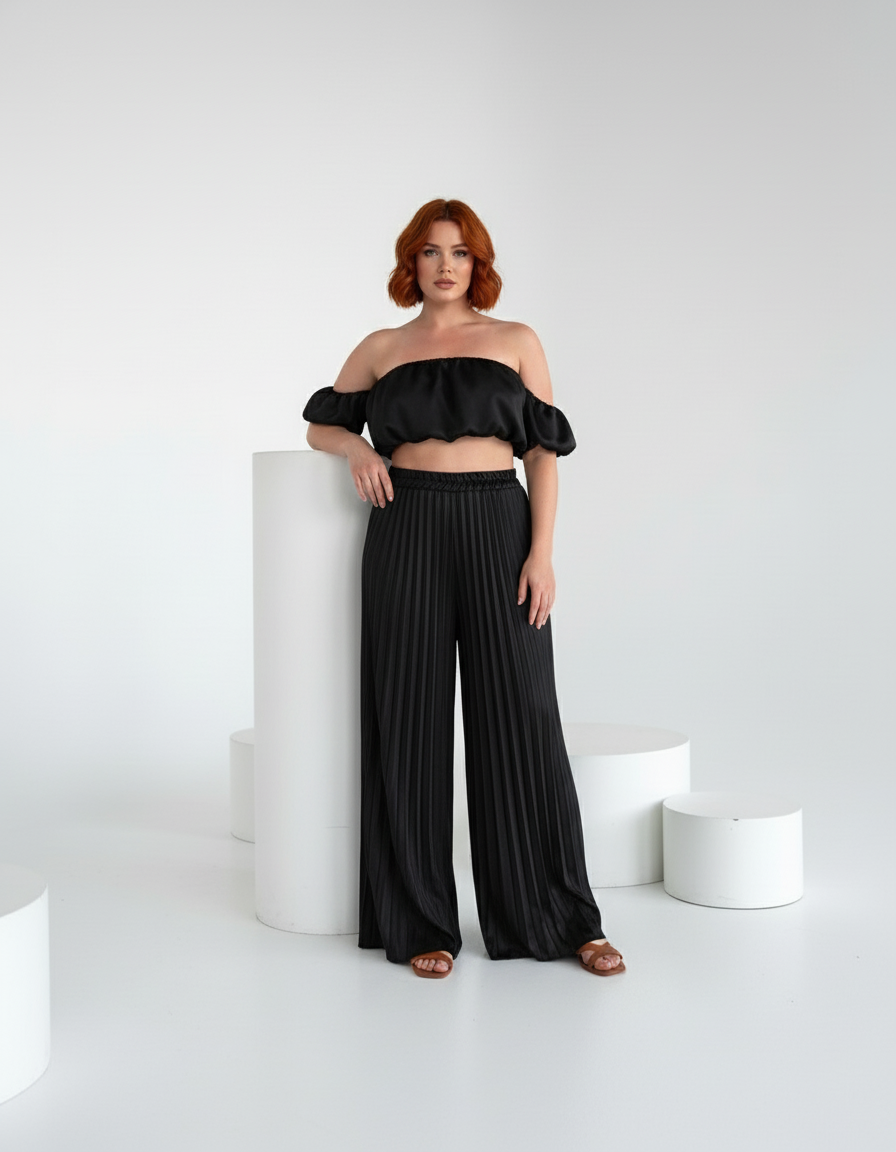 Satin Off-Shoulder Crop Top and Pleated Wide-leg Pants (Two-Piece Set)