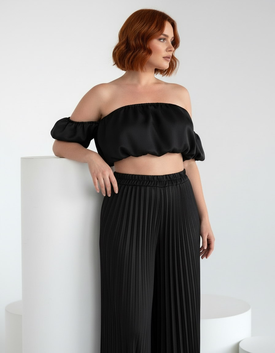 Satin Off-Shoulder Crop Top and Pleated Wide-leg Pants (Two-Piece Set)