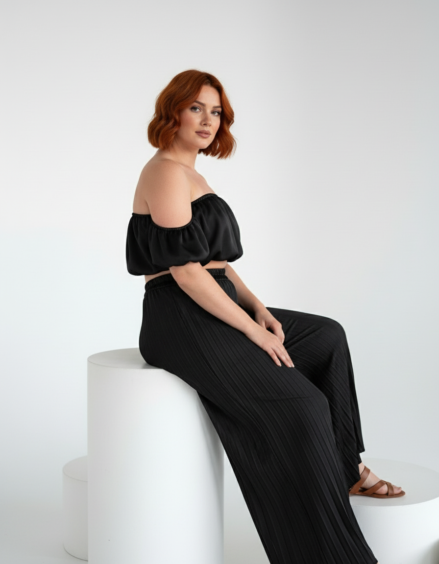 Satin Off-Shoulder Crop Top and Pleated Wide-leg Pants (Two-Piece Set)