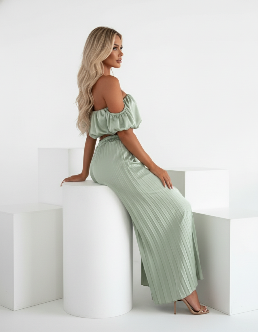 Satin Off-Shoulder Crop Top and Pleated Wide-leg Pants (Two-Piece Set)