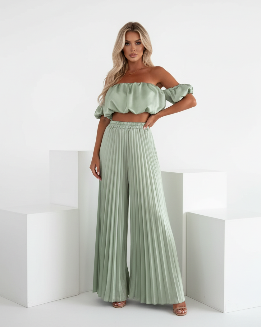 Satin Off-Shoulder Crop Top and Pleated Wide-leg Pants (Two-Piece Set)