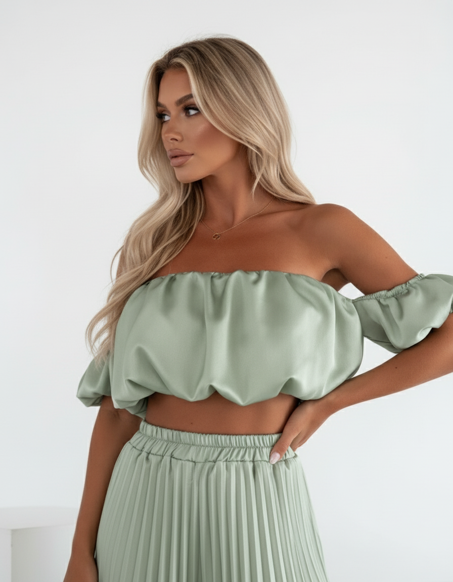 Satin Off-Shoulder Crop Top and Pleated Wide-leg Pants (Two-Piece Set)