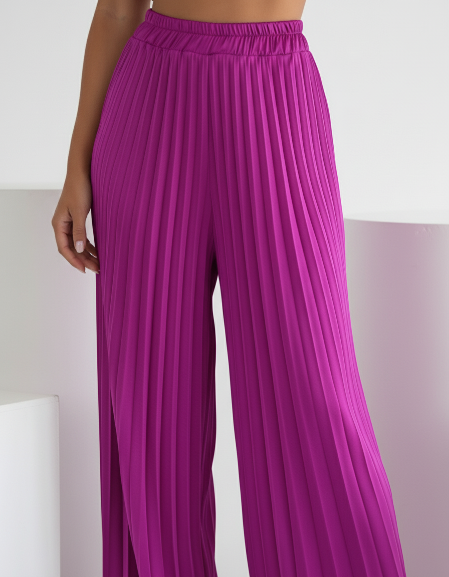 Satin Off-Shoulder Crop Top and Pleated Wide-leg Pants (Two-Piece Set)