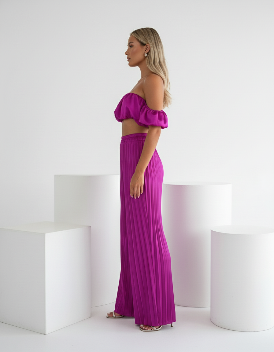 Satin Off-Shoulder Crop Top and Pleated Wide-leg Pants (Two-Piece Set)