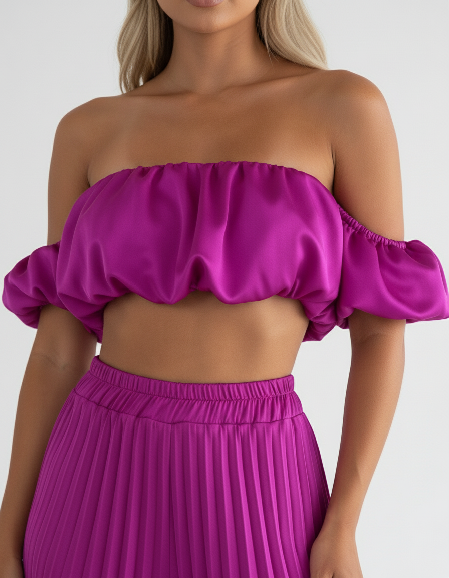 Satin Off-Shoulder Crop Top and Pleated Wide-leg Pants (Two-Piece Set)