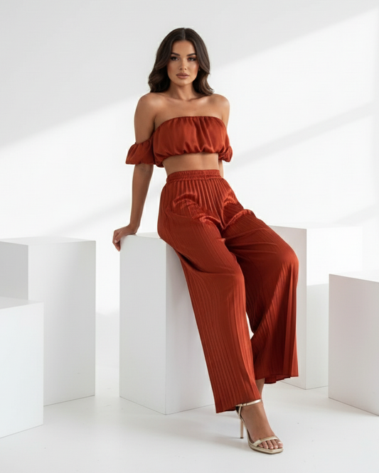 Satin Off-Shoulder Crop Top and Pleated Wide-leg Pants (Two-Piece Set)