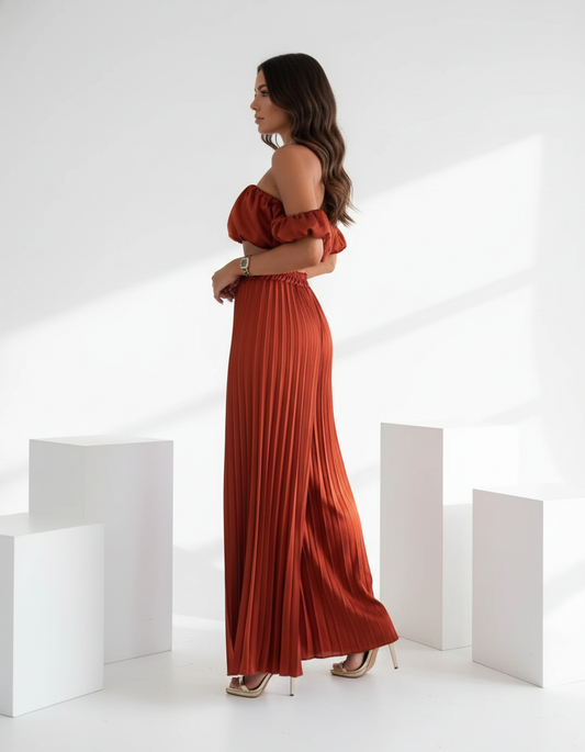 Satin Off-Shoulder Crop Top and Pleated Wide-leg Pants (Two-Piece Set)