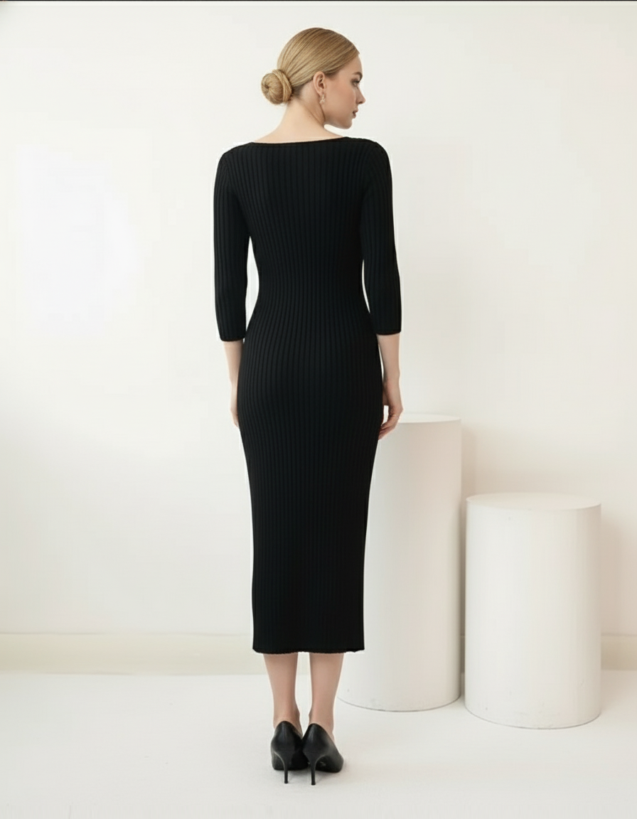 Twist-Front Ribbed Knit Midi Dress