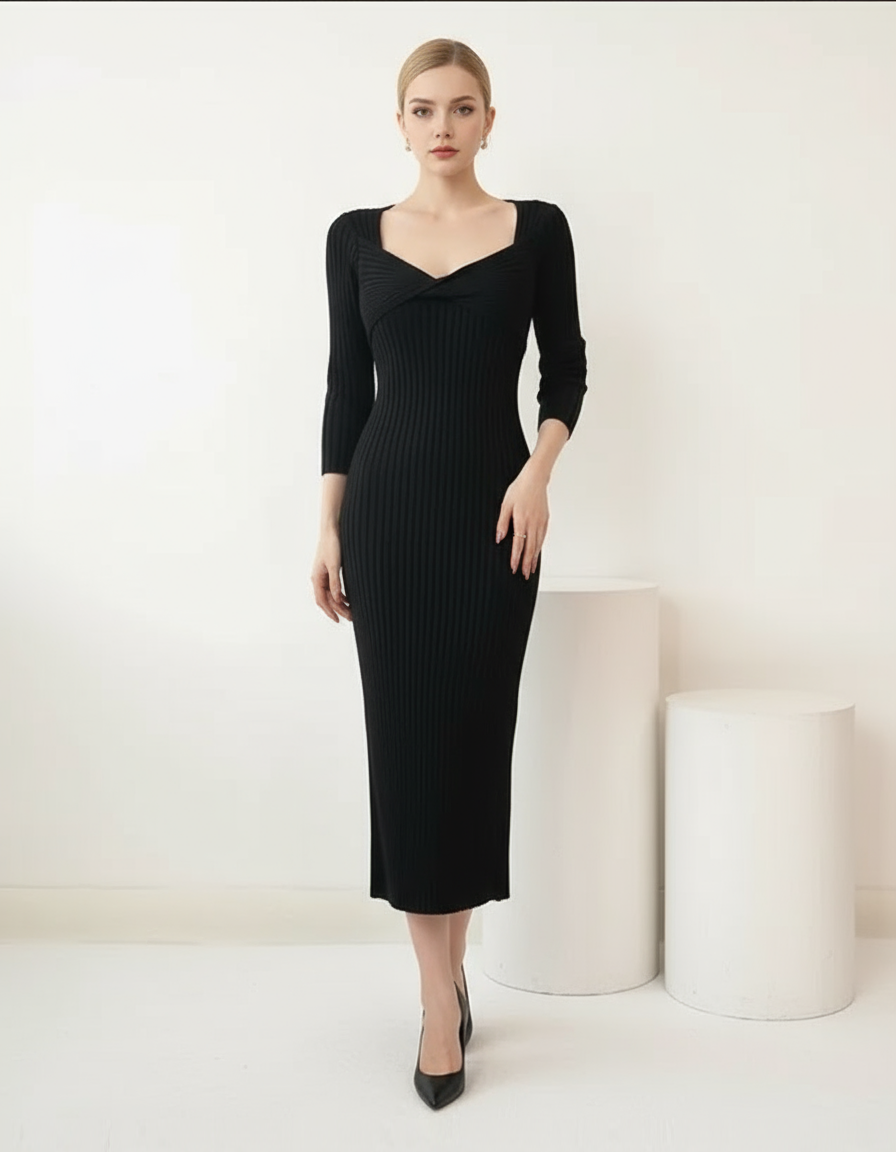 Twist-Front Ribbed Knit Midi Dress
