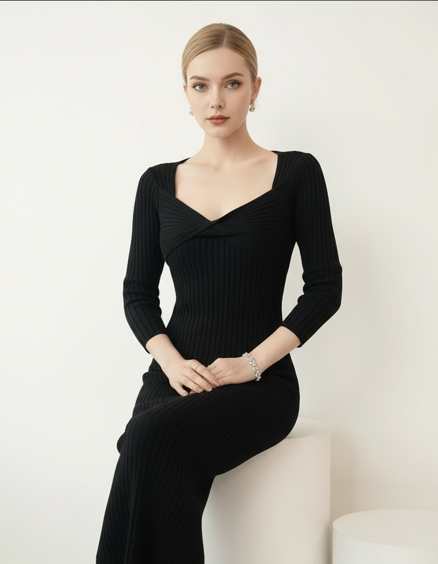 Twist-Front Ribbed Knit Midi Dress