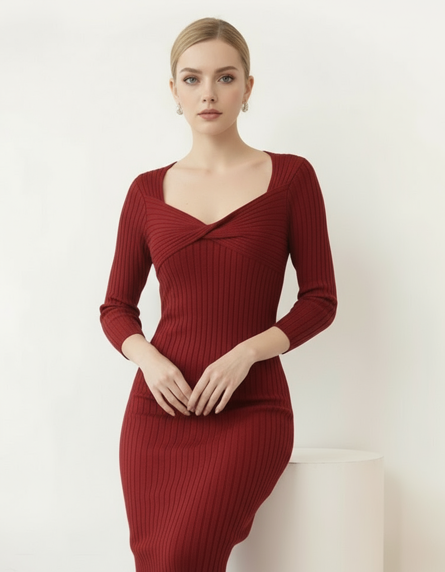 Twist-Front Ribbed Knit Midi Dress
