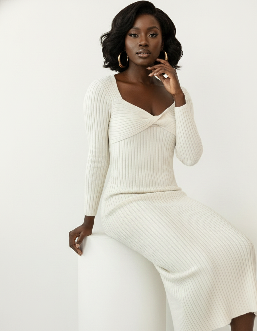 Twist-Front Ribbed Knit Midi Dress