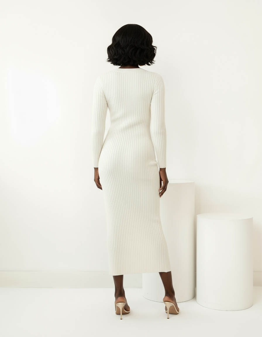 Twist-Front Ribbed Knit Midi Dress