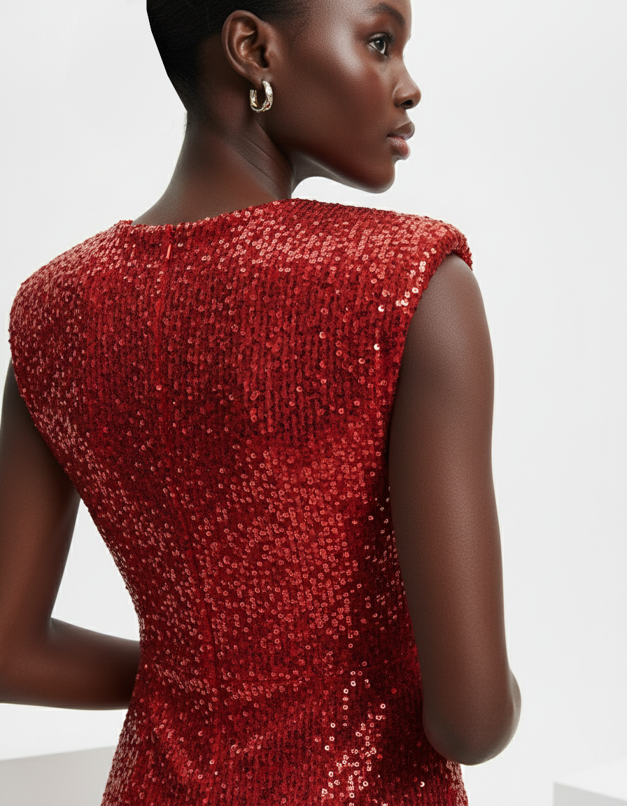 Sequin Shoulder-Pad Bodycon Mini Dress