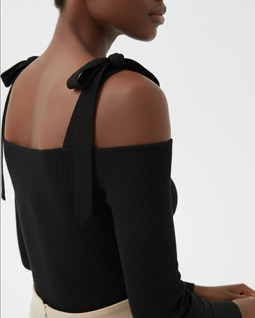 Bow Strap Cold Shoulder Ribbed Knit Sweater