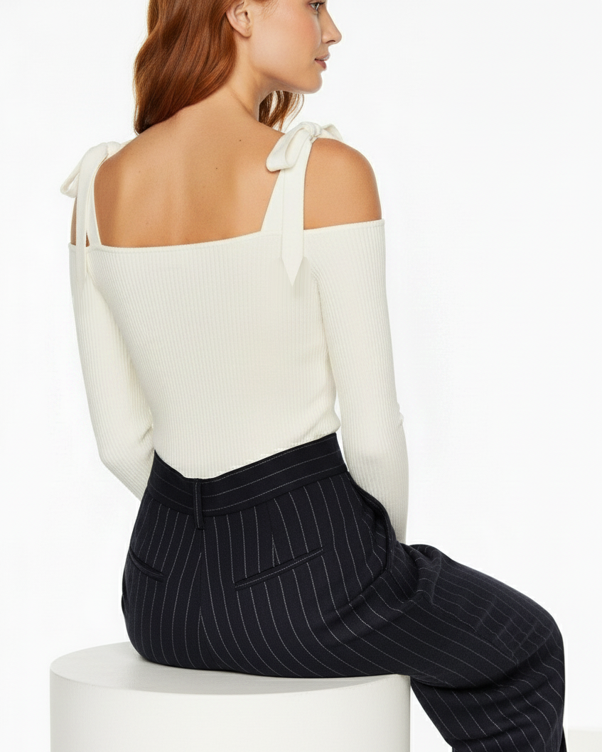 Bow Strap Cold Shoulder Ribbed Knit Sweater