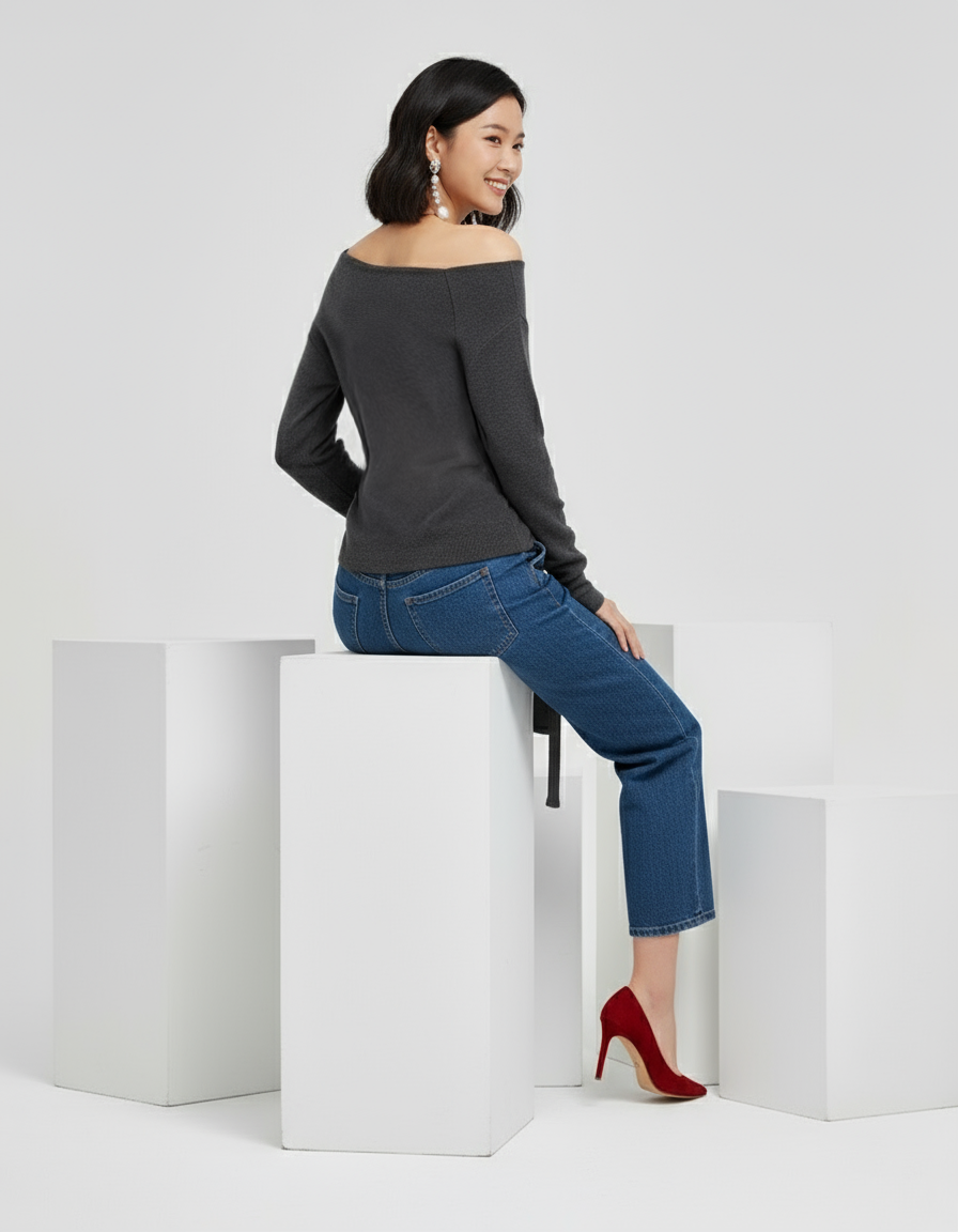 Off-Shoulder Tie-Waist Knit Sweater