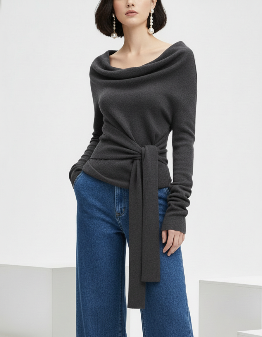 Off-Shoulder Tie-Waist Knit Sweater