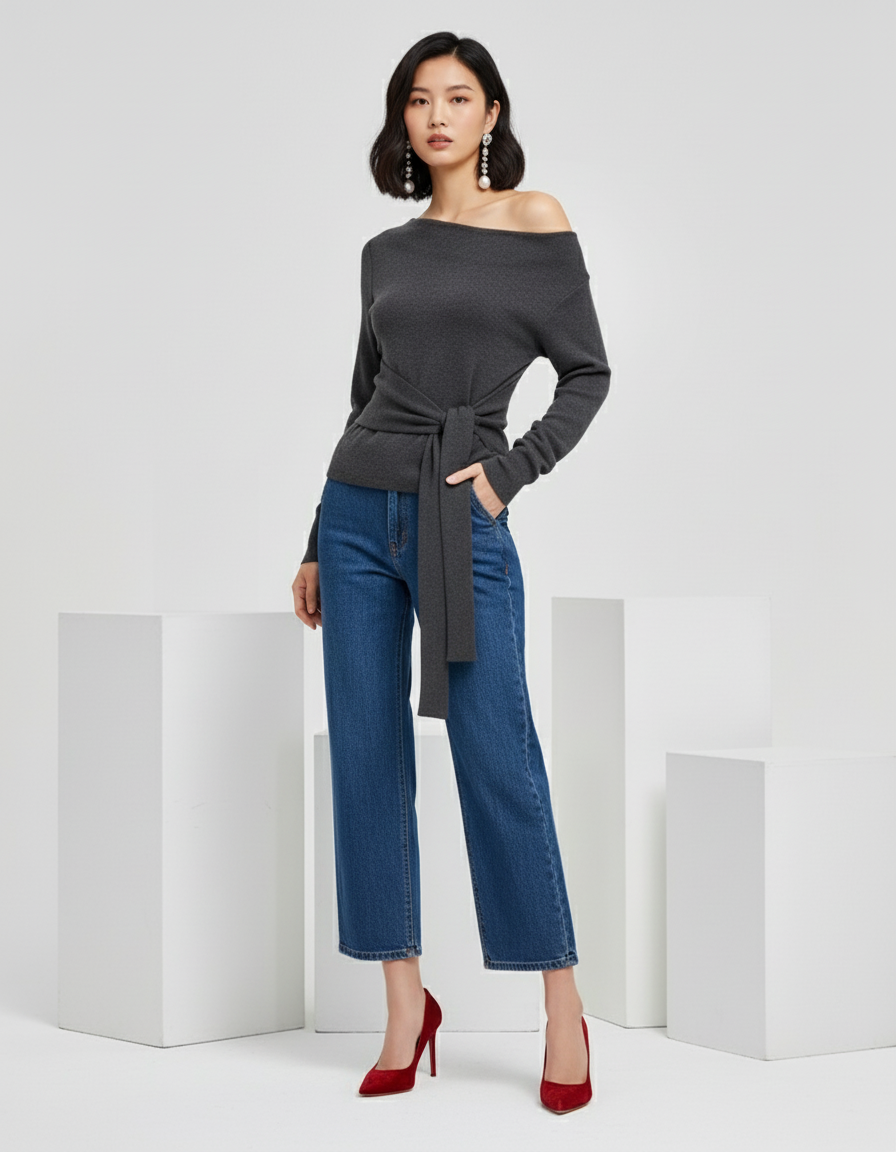Off-Shoulder Tie-Waist Knit Sweater