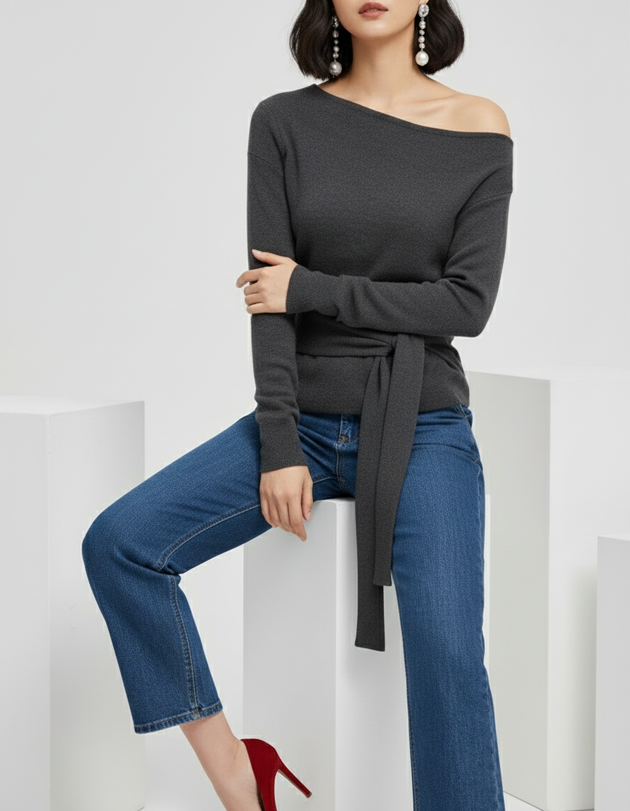 Off-Shoulder Tie-Waist Knit Sweater