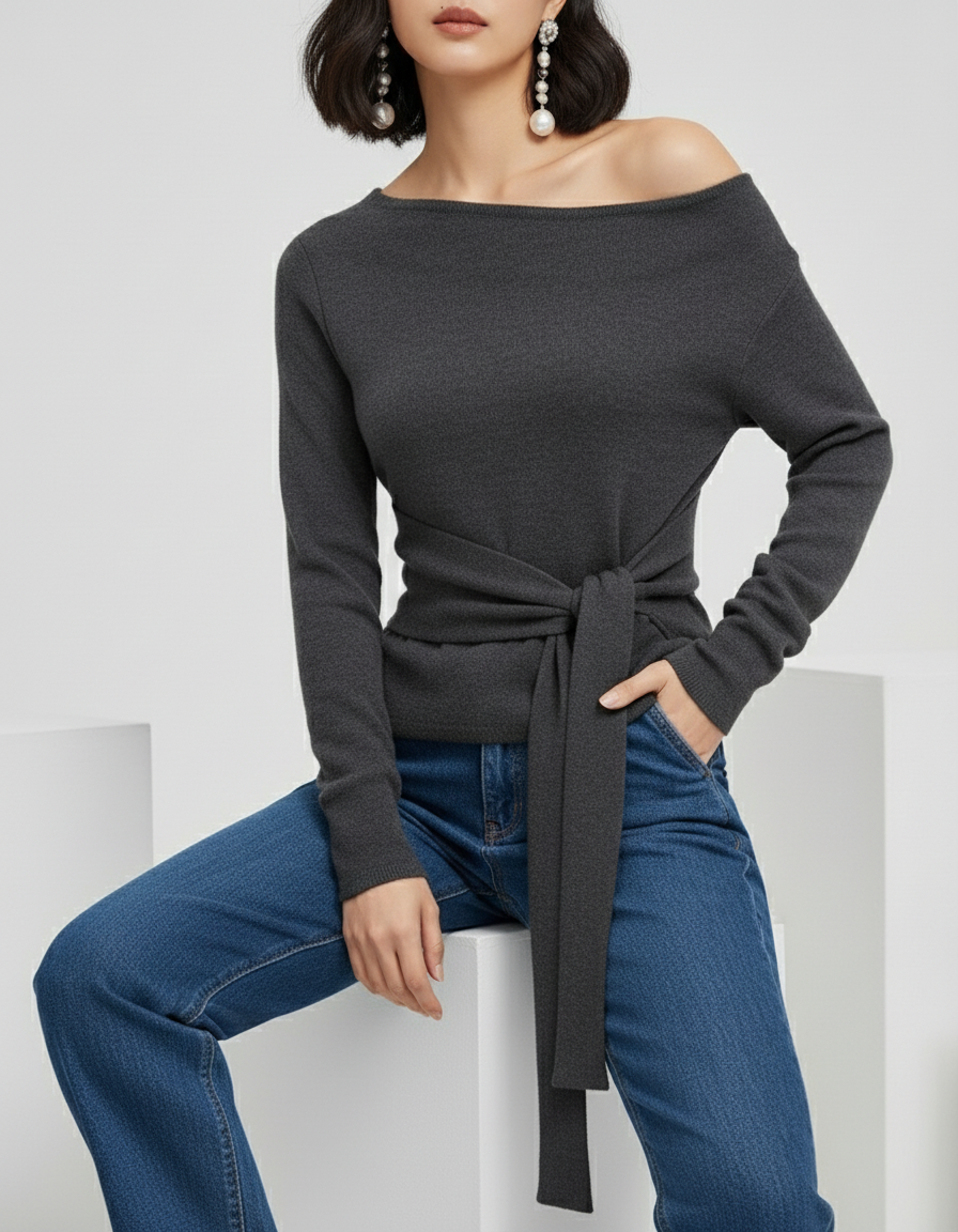 Off-Shoulder Tie-Waist Knit Sweater