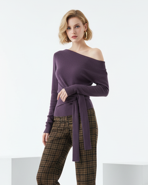 Off-Shoulder Tie-Waist Knit Sweater