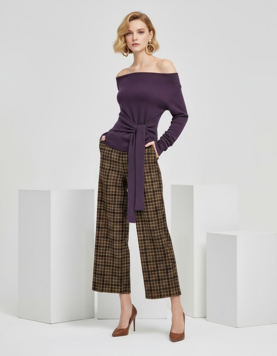 Off-Shoulder Tie-Waist Knit Sweater