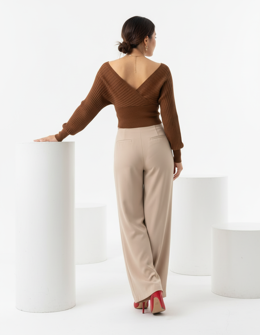 Off-Shoulder Wrap Ribbed Knit Sweater Top