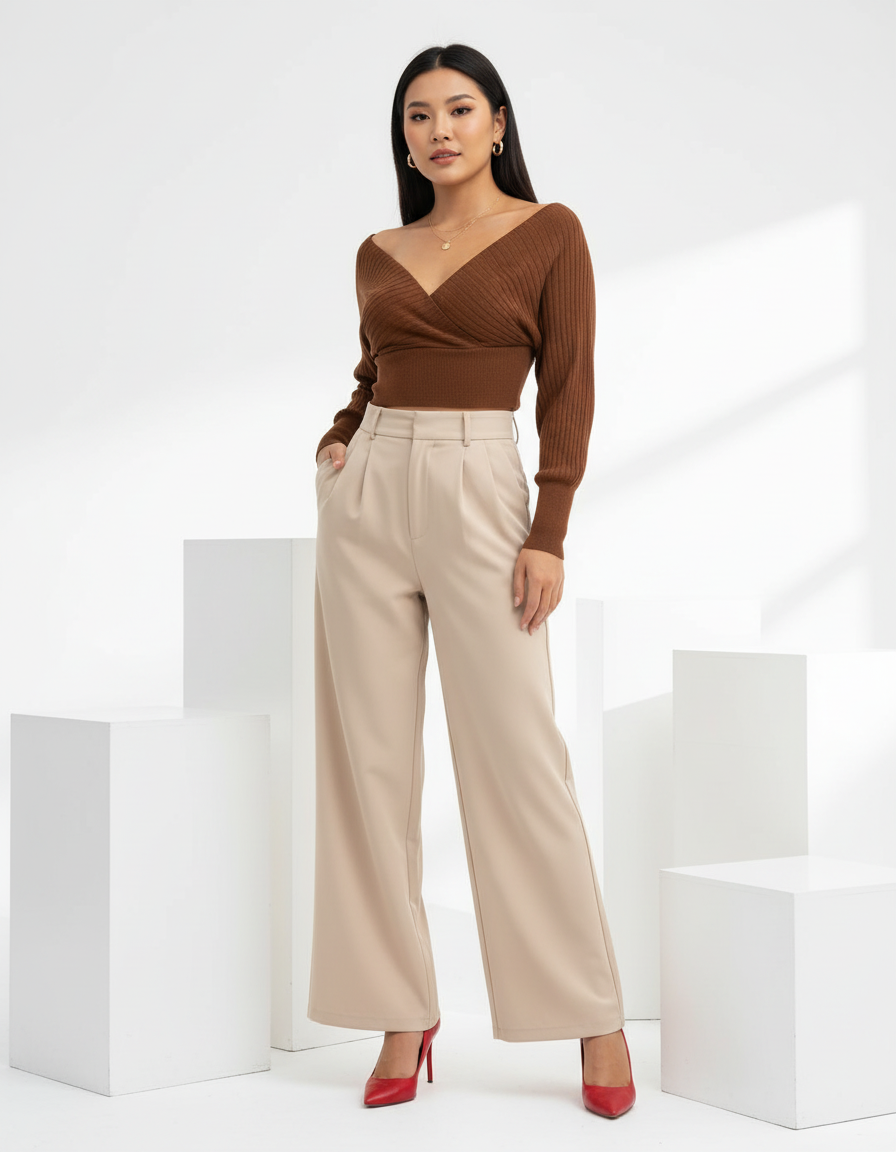 Off-Shoulder Wrap Ribbed Knit Sweater Top