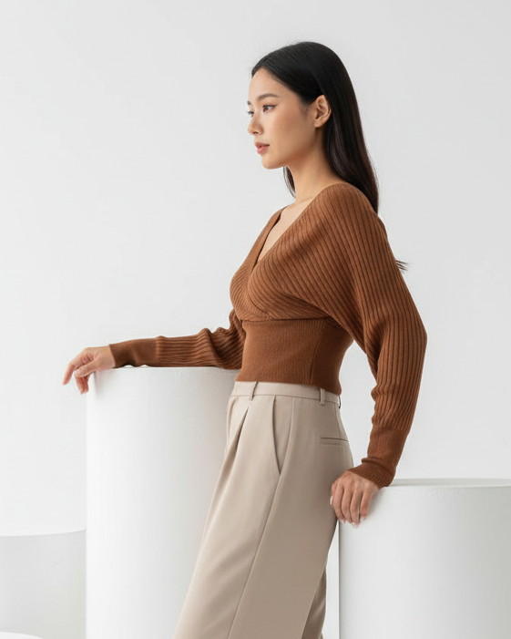 Off-Shoulder Wrap Ribbed Knit Sweater Top