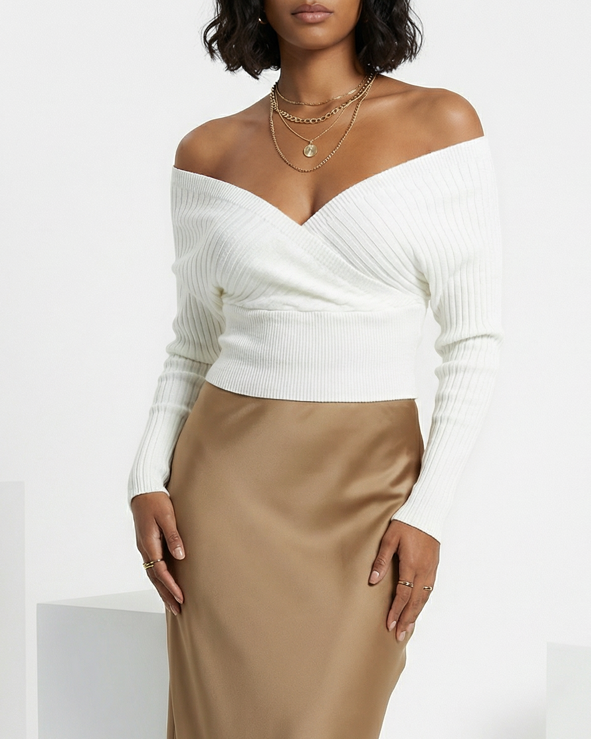Off-Shoulder Wrap Ribbed Knit Sweater Top
