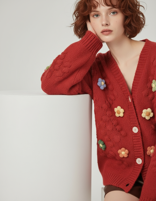 Floral Knit Pom Cardigan