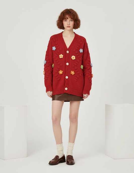 Floral Knit Pom Cardigan