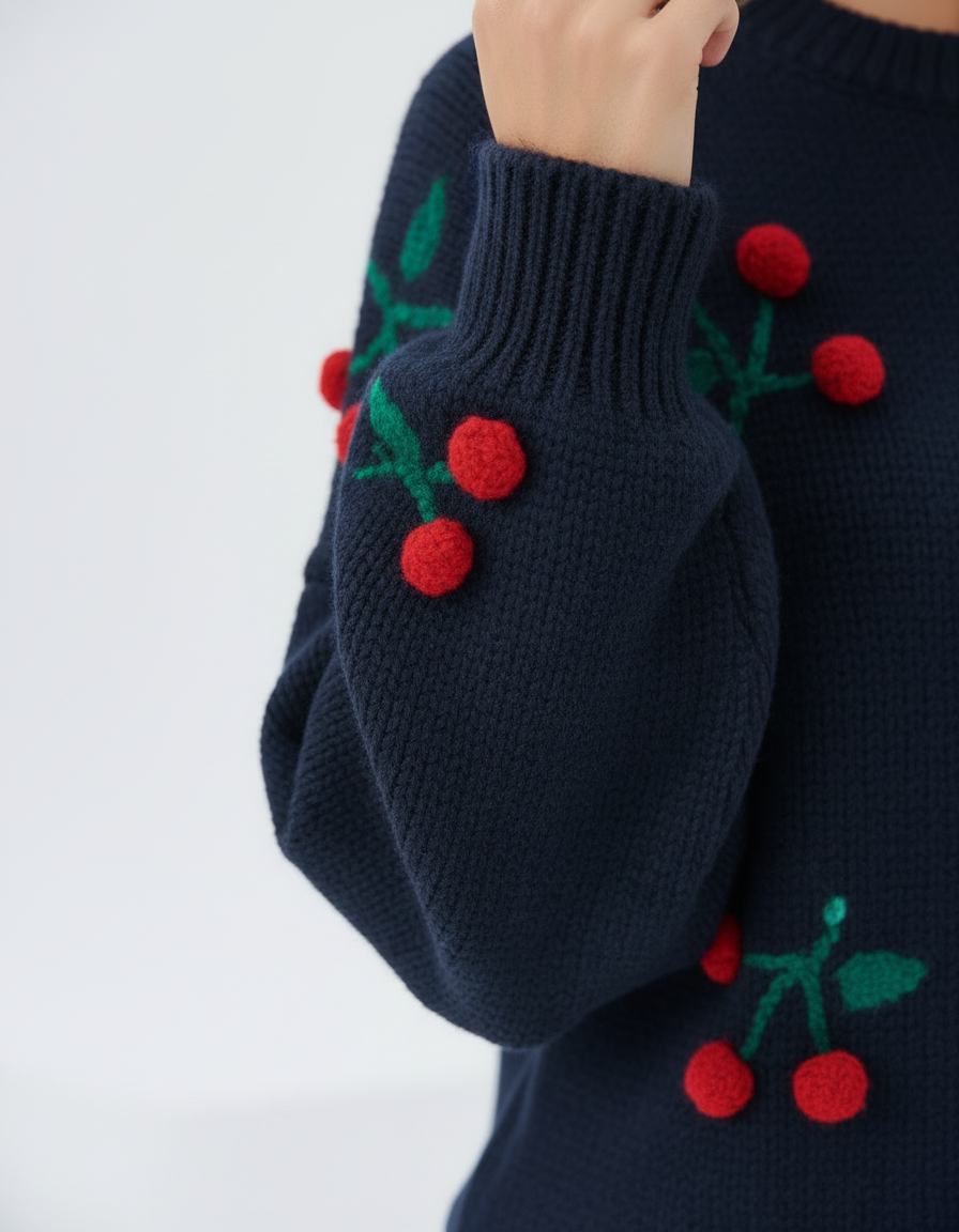 Cherry Embroidered Knit Sweater