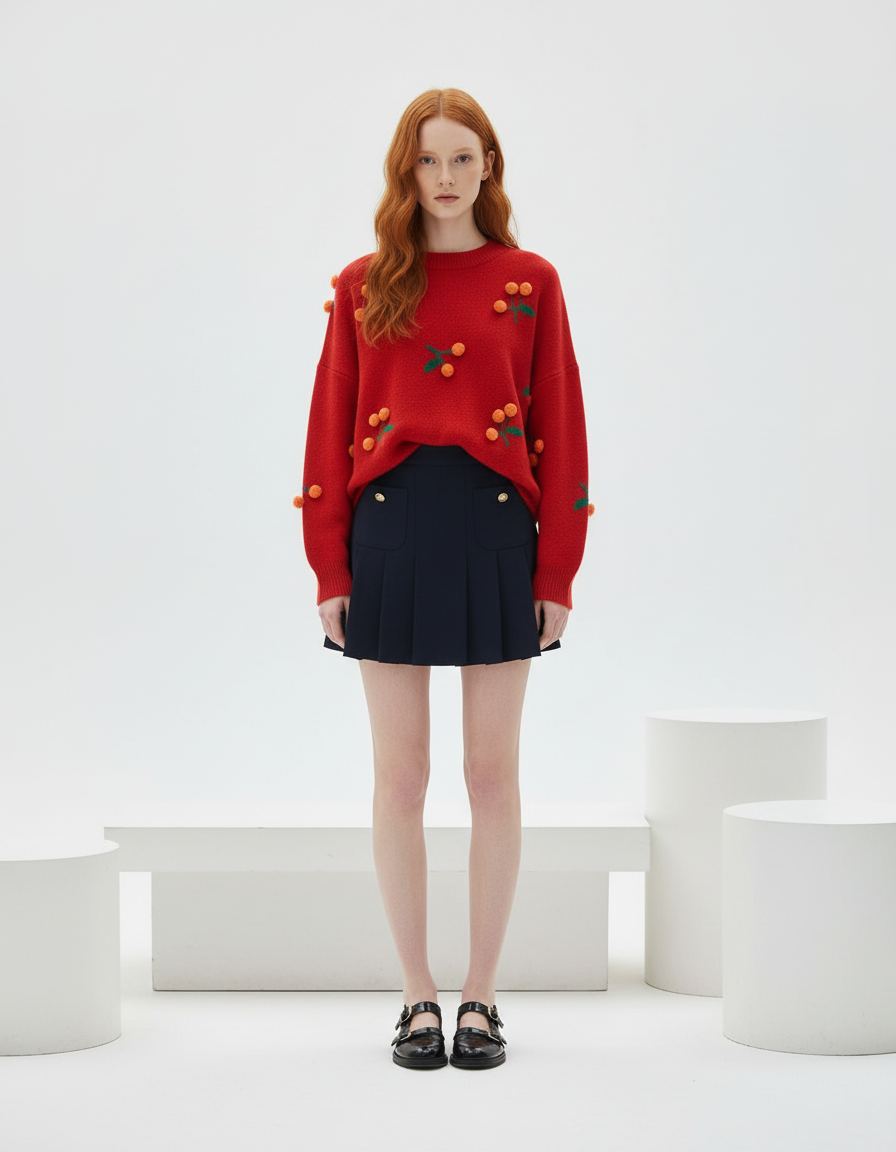 Cherry Embroidered Knit Sweater