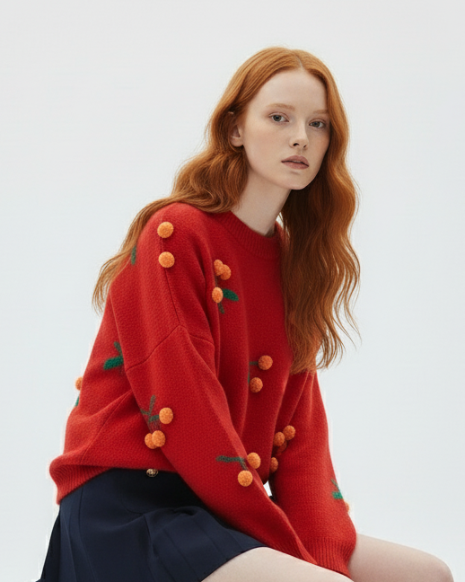 Cherry Embroidered Knit Sweater