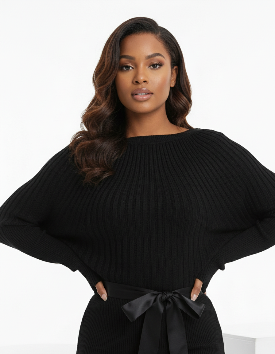 Batwing Sleeve Belted Knit Bodycon Dress