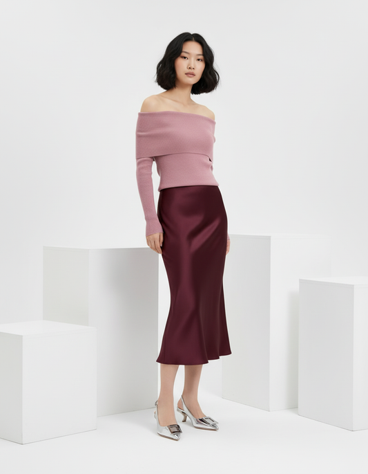 Elegant Slim-Fit Satin Midi Skirt