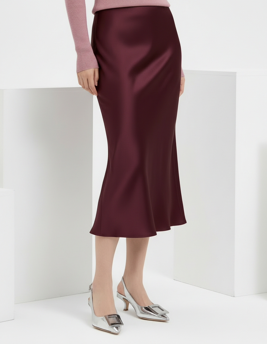 Elegant Slim-Fit Satin Midi Skirt