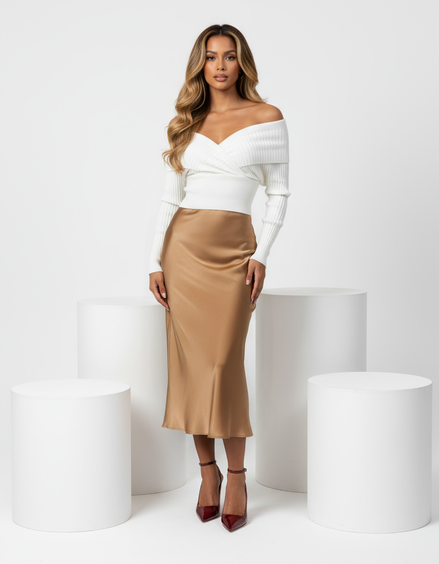 Elegant Slim-Fit Satin Midi Skirt