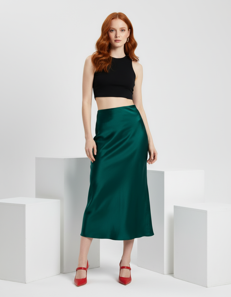 Elegant Slim-Fit Satin Midi Skirt