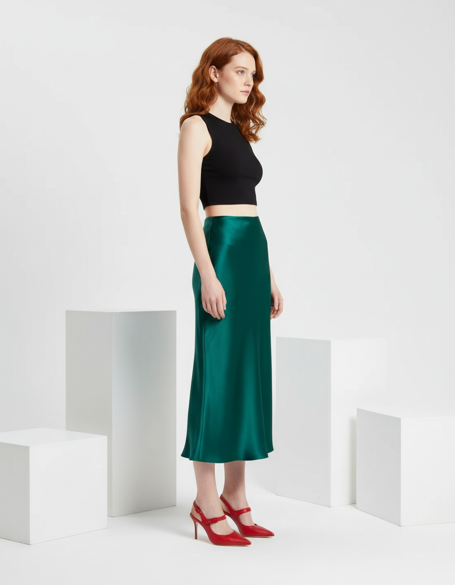 Elegant Slim-Fit Satin Midi Skirt